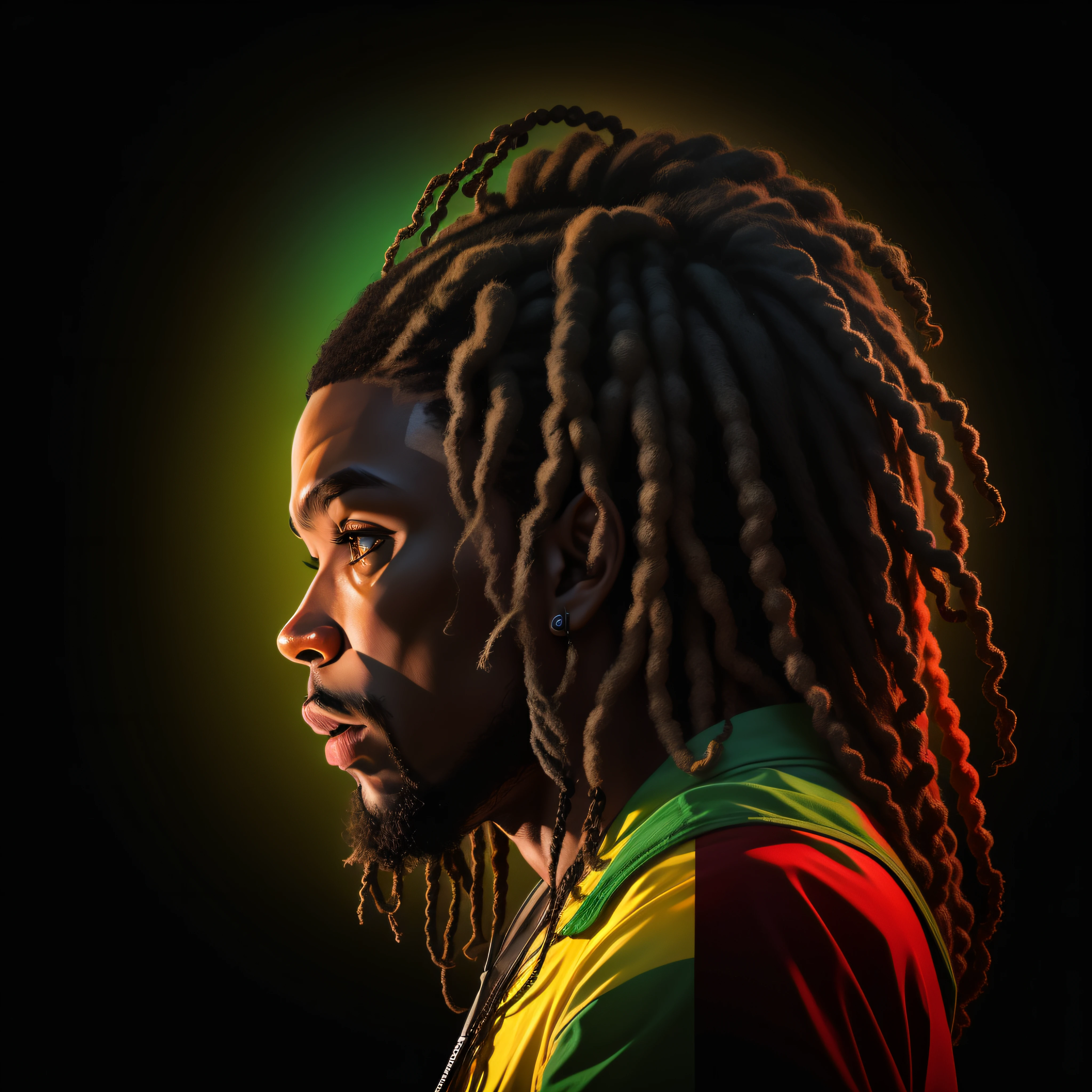 Create a logo with the head of a black man with dreadlocks in black colors, verde, amarelo e vermelho (olhando para a frente) , imagem estilo logomarca , Sober, (fundo preto), Image with resolution of at least 300dpi, UHD 8k, Very high quality for excellent printing. Lighting that highlights the figure in relation to the background, cores do reggae, Estilo da camada de disco