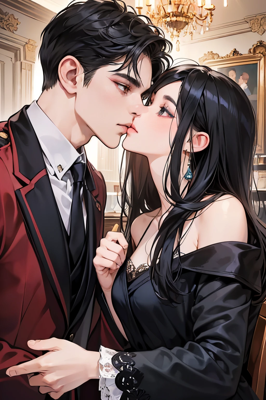 Anime couple kissing in a formal dress in a room - SeaArt AI