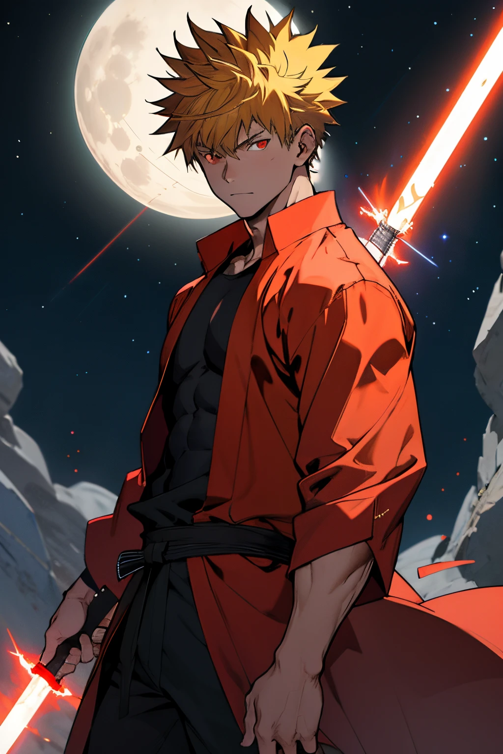 A man with a sword standing in front of a full moon - SeaArt AI