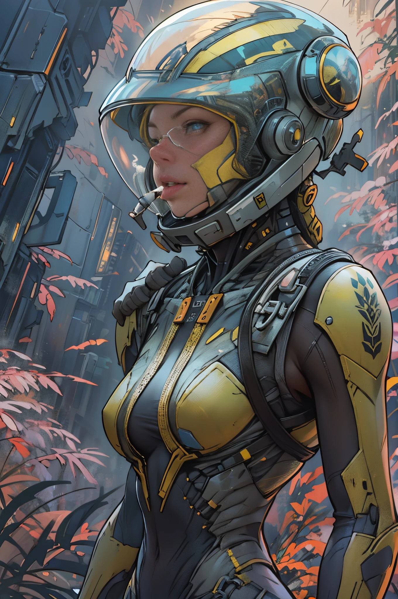 Award-winning close-up photos of women (Sci-fi explorer:1.3) Wear a helmet with a hexagonal glass visor, [Style-Psycho::10], next to one (Crashed vehicle:1.2), (smokes:1.4), Gaze upon a verdant alien planet, (mont:1.2) (tall grass:1.2), Rochas, The is very detailed, finedetail, (iintricate:1.3), (lens flare glow:0.6), (The light from the back window is backlighted:0.8), (full bloom:0.8), shallowdepthoffield，fully body photo，graceful stance，Detailed face, Detailed eyes，（correct hand：1.5），（Complete and beautiful five fingers：1.5），（Anatomically correct limbs：1.5），（Correct anatomy：1.5），（correct perspective：1.5）， (greg rutkovsky:0.8)，
