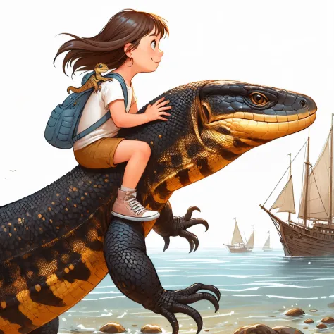 a girl and a big lizard. ride on your shoulders. a lizard with an elongated body. shiny lizard. dark brown back and yellow belly...