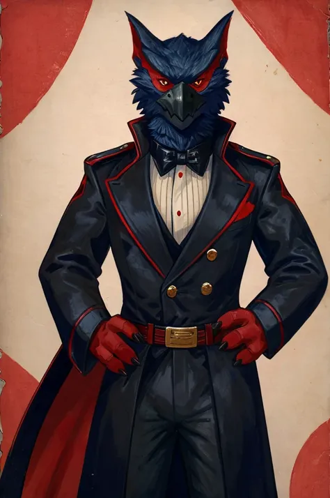 a nargacuga as a german official posing for a portrait, black-red uniform, red leather gloves, clawed fingers, 4 fingers, 1900s ...