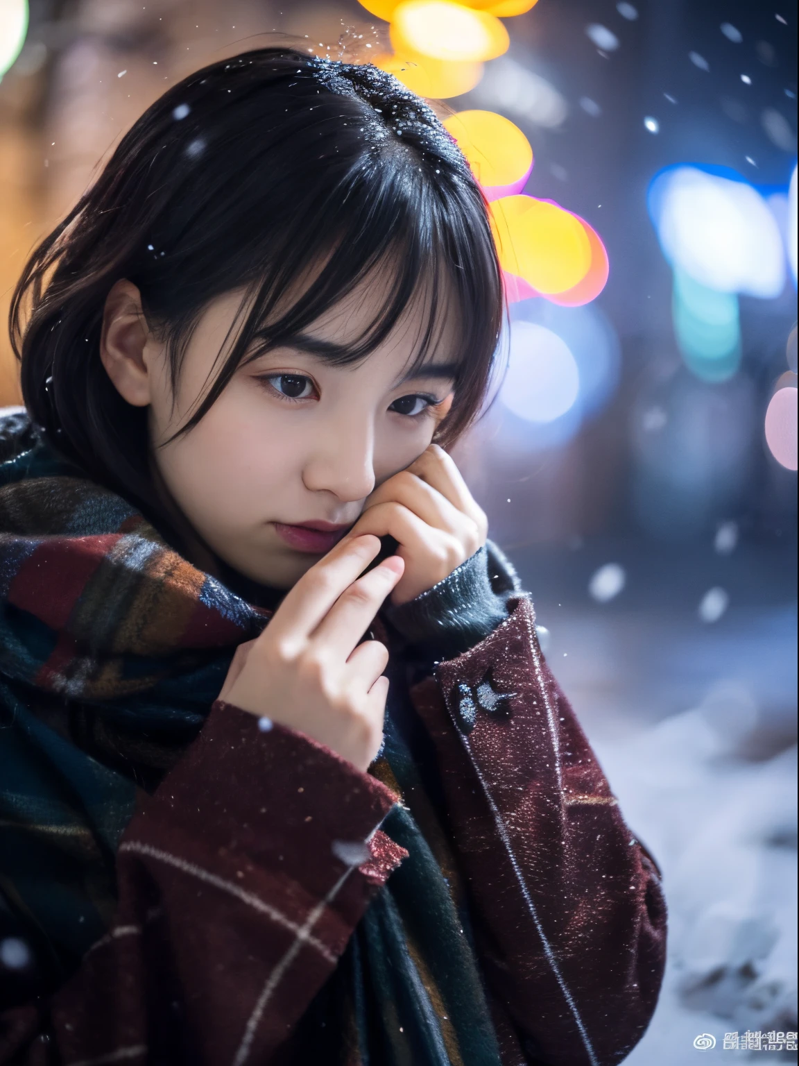 While watching the snow falling quietly. Her introspective and tearful expression、Makes you feel longing and melancholy for winter nights。。。。、top-quality、hyper HD、Yoshitomo Nara, Japanese Models, Beautiful Japan wife, With short hair, 27-year-old female model, 4 K ], 4K], 27yo, sakimichan, sakimichan