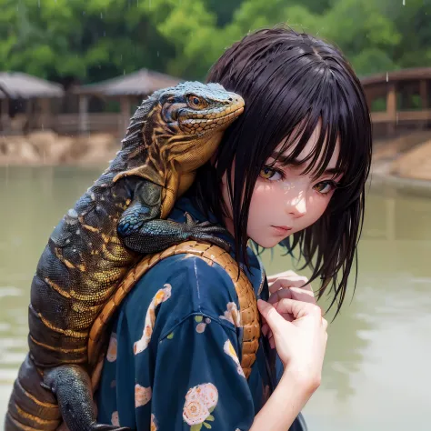 A girl and a big lizard. ride on your shoulders. A lizard with an elongated body. Shiny lizard. Dark brown back and yellow belly...