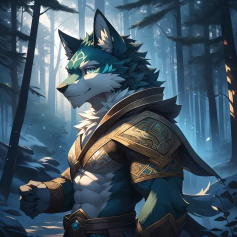 1. Furry, light green wolf, light green short hair 2. Blue eyes, sharp gaze 3. Elegant Pose, stand tall 4. enchanted forest back...