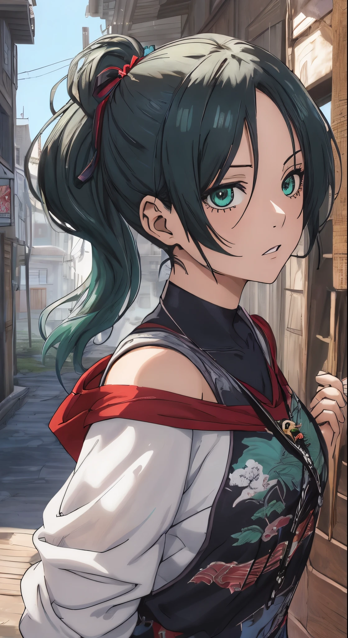 (masutepiece, Best Quality, Ultra-detailed, Illustration), Beautiful face, dark green hair, teal green eyes, long ponytail in carly, Perfect body, 1girl in, Solo, Hoodies in sweater, off-shoulder clothes, shairband, Hair Ribbon, Dress, lanyard, villages, old houses, Outdoors, folk, legends, Rin Itoshi, Blue lock, angry face, sharp face, bare backs, frozen town, frozen tower