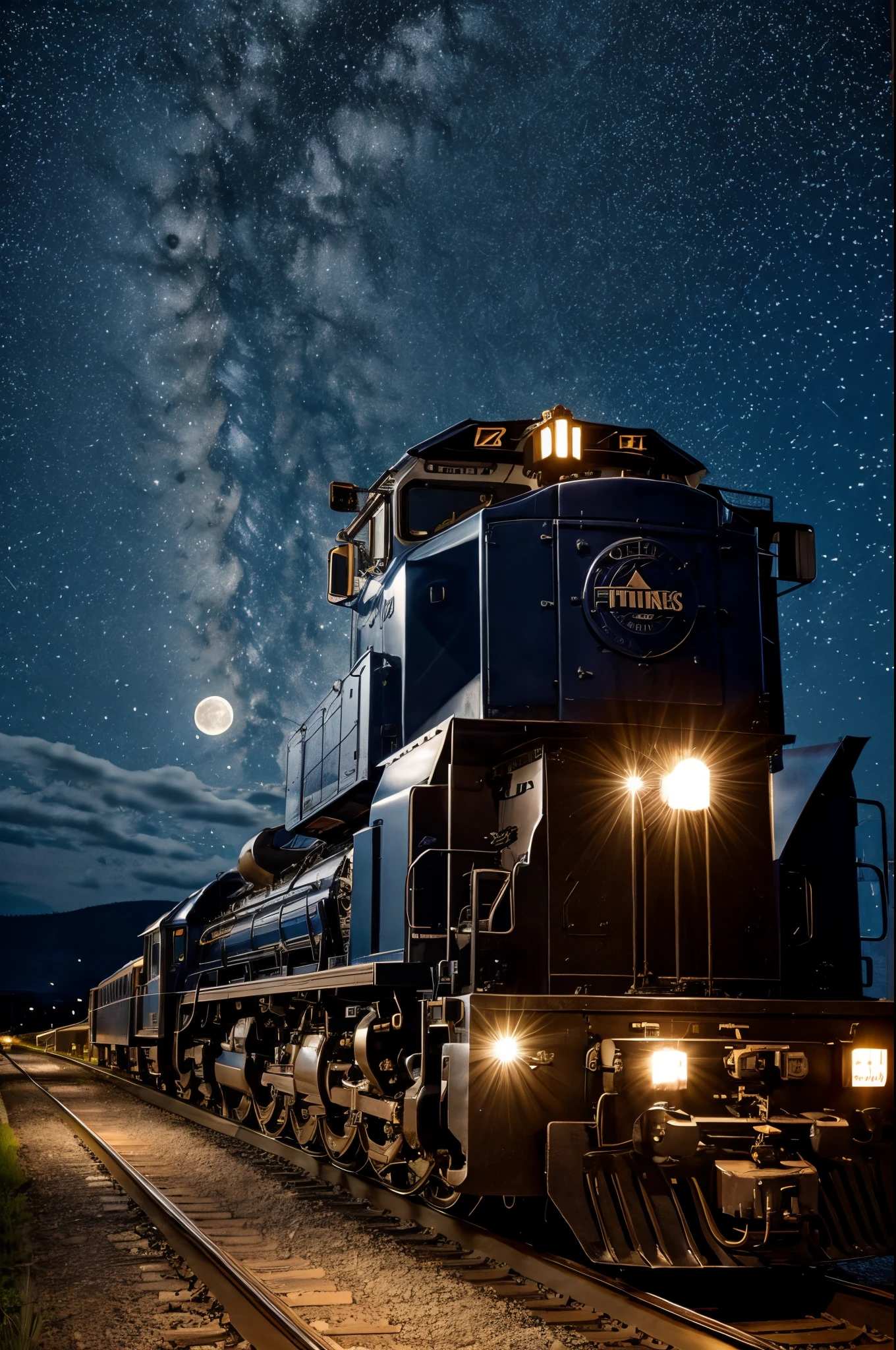 Starry night sky、The big shining full moon、floating train