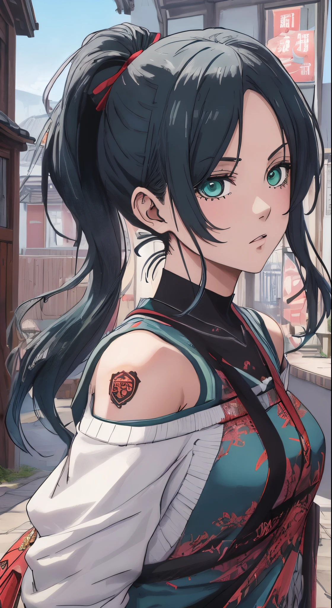 (masutepiece, Best Quality, Ultra-detailed, Illustration), Beautiful face, dark green hair, teal green eyes, long ponytail in carly, Perfect body, 1girl in, Solo, Hoodies in sweater, off-shoulder clothes, cheongsam, Hair Ribbon, Dress, lanyard, villages, old houses, Outdoors, folk, legends, Rin Itoshi, Blue lock, angry face, sharp face, bare backs, frozen town, frozen tower