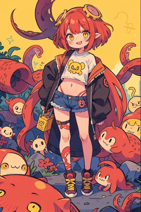 Tentacles emerging from a girl's body, Octopus girl, Red skin, Yellow eyes, Smiling, Punk fashion.