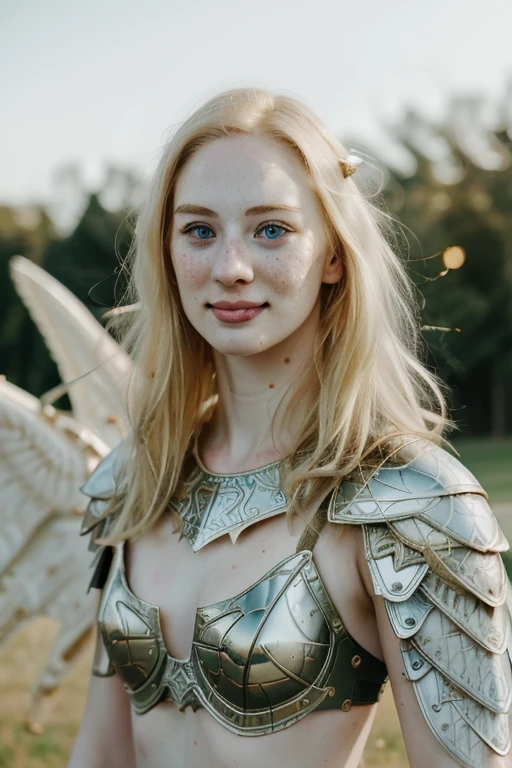 Ultra realistic photography of dbwl woman with many huge beauty marks on her natural pale white skin  ,    (medium shot:1.1) ,  (full body portrait:1.3), 
 (SFW),  ((wings,( (fractal)) armor)) , upper arms,   ((in frame)),

 ((fighting stance)),  natural (  pale light blonde eyelashes) , blue eyes, medieval background,
 detailed Natural pale white skin  with (many huge round beauty marks) , smile, light pale blonde eyebrows,
 happy, clean cheeks,
detailed, natural light blonde,  outdoors, sunny, high resolution, photograph, RAW photo, fr4ctal4rmor, [[sexy]]