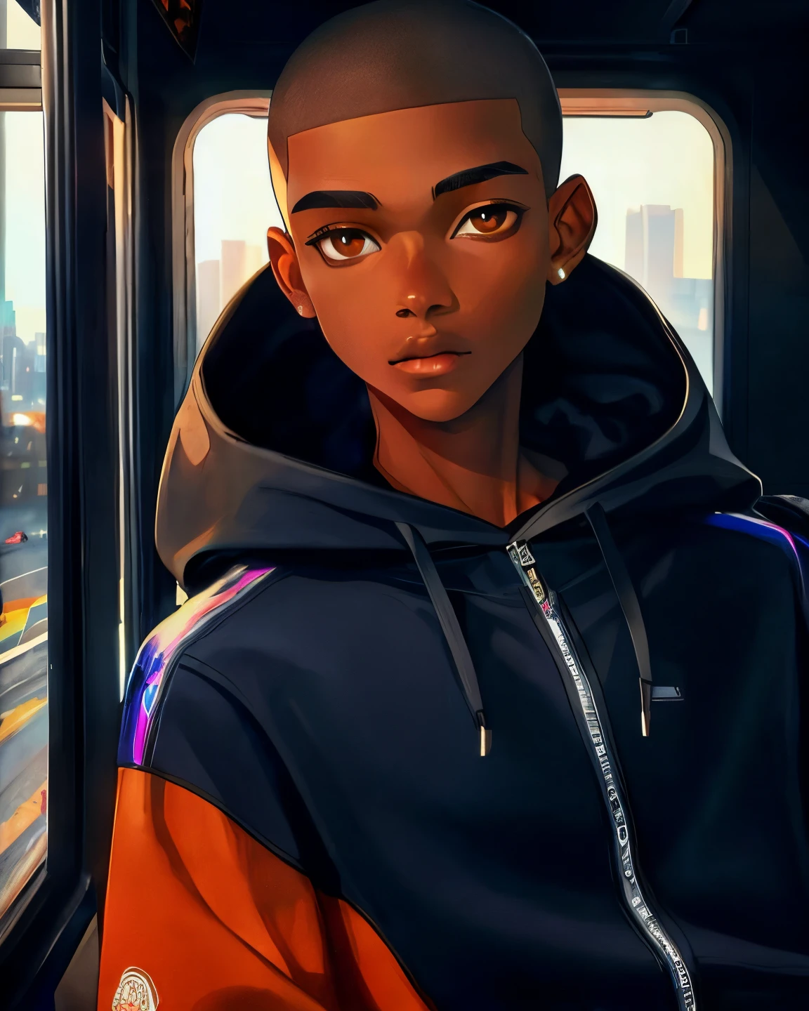 Lindo menino adolescente negro com marrom canela, Athletic Physique, vestindo um moletom laranja escuro, olhos castanhos detalhados, short shaved head, barbeado limpo , Macho, sitting on a city bus looking out the bus window, Cor suave, perfect light and dynamic shadow, cinemactic, altamente detalhado, digital illustation, Ultra HD |, 8k, masterpiece of impressionism transparency of peter basch&#39;s kodachrome camera,
filmic grain, dramatic lighting,