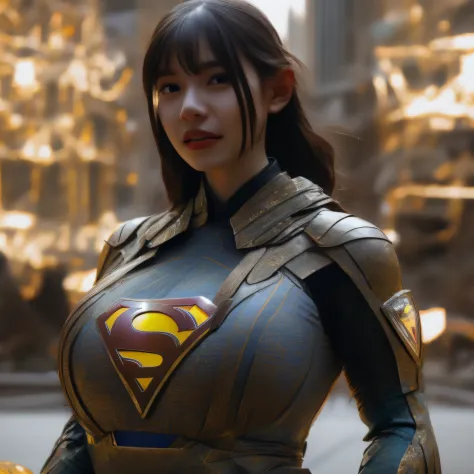 a close up of a asia woman in a superman costume standing on a cityscape, amouranth as a super villain, super photo realistic, r...