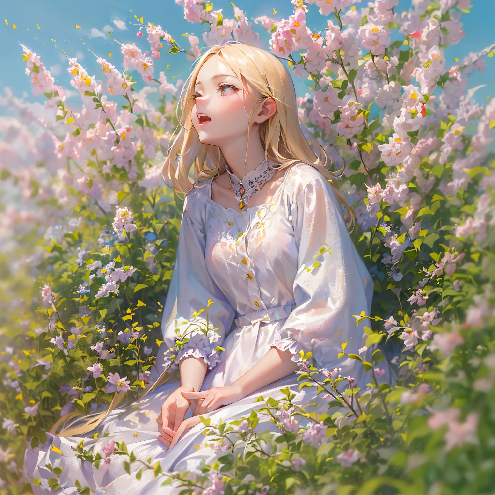 ((最好的品質, 8K, 傑作:1.3)), 1個女孩, 可爱的天使, 亞麻色頭髮, 樱桃唇美女, 坐在开花的苜蓿上, 与云雀一起歌唱, 清晨 , 在夏日晴朗的阳光下, (景深:1.3)