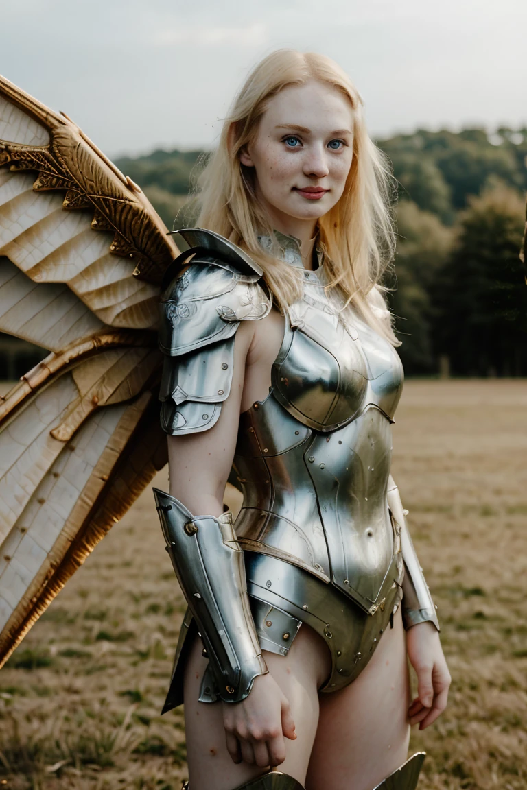 Ultra realistic photography of dbwl woman with many huge beauty marks on her natural pale white skin  ,    (medium shot:1.4) ,  (full body portrait:.4), 
 (SFW),  ((wings,( fractal armor))) , dressed, upper arms,   ((in frame)),

 ((fighting stance)),  natural (  pale light blonde eyelashes) , blue eyes, medieval background,
 detailed Natural pale white skin  with (many huge round beauty marks) , smile, light pale blonde eyebrows,
 happy, clean cheeks,
detailed, natural light blonde,  outdoors, sunny, high resolution, photograph, RAW photo, fr4ctal4rmor, [[sexy]]