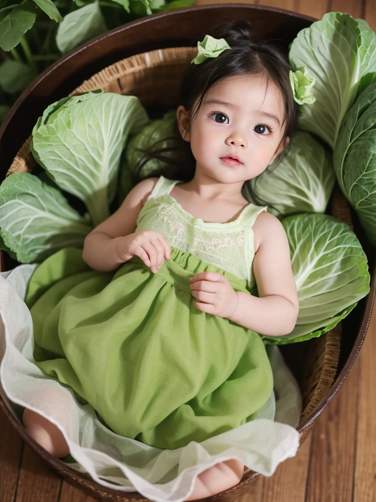 ベビーキャベツがやってきた，緑の野菜を身に着けている小さな人形，緑の野菜を身に着けている子供たち - SeaArt AI