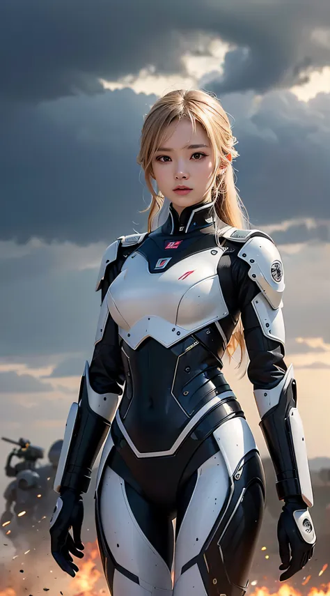 Woman standing in front of a group of robots、beautiful android woman、Beautiful Female Soldier、Storms and epic war scenes、Girl in...