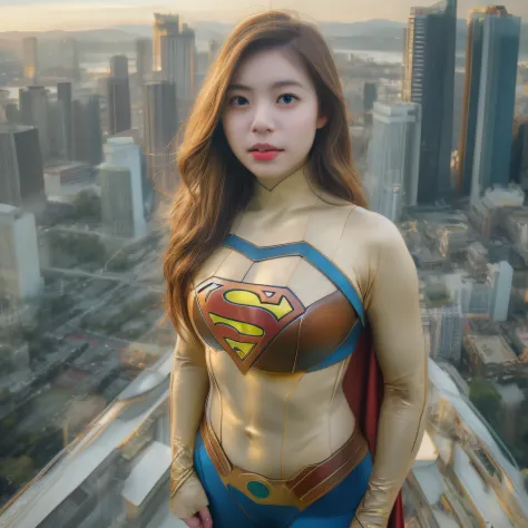 a close up of a asia woman in a superman costume standing on a cityscape, amouranth as a super villain, super photo realistic, r...