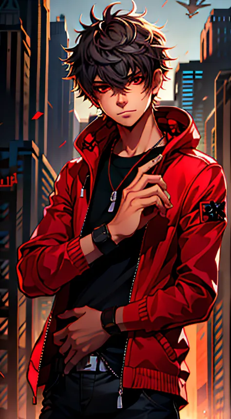 Minnesota,1 boy,malefocus,red eyes,Alone,black hair color hair,jaket,glowing,looking at viewert,upper part of body,zippers,Open jacket,red blouse,Open your clothes,close your mouth,