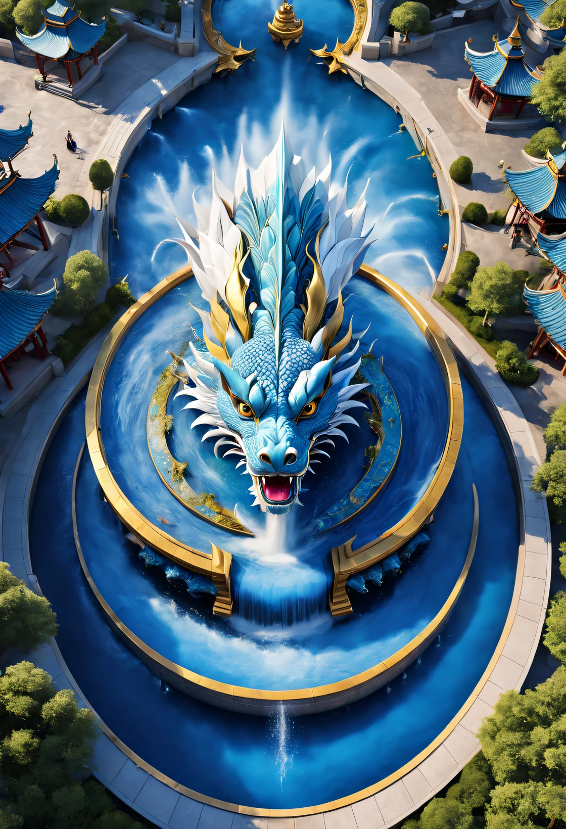 (Very unified cg scene design), (Aerial photography of cloisonné blue and white porcelain theme park circular square), （Water jets erupt from the dragon&#39;s body&#39;of the mouth：0.6），（water spray）， (water column），（lots of people），Adopt European and American elaborate design， The well-designed structure is exquisite, The texture is very clear, Super beautiful pattern, symmetrical balance,( magenta ）Carmine＋( blue white colors ）Blue-cyan＋( tin foil gold ）golden colored，Ultra-clear texture，glyphic，Ultra-clear screen，Fantasyart，ultra-realistic realism， 3D, c4d，bird's eyes view，top down view，, Ultra-clear screen, Fantasyart, ultra-realistic realism, 3D, c4d,, from a top-down perspective,