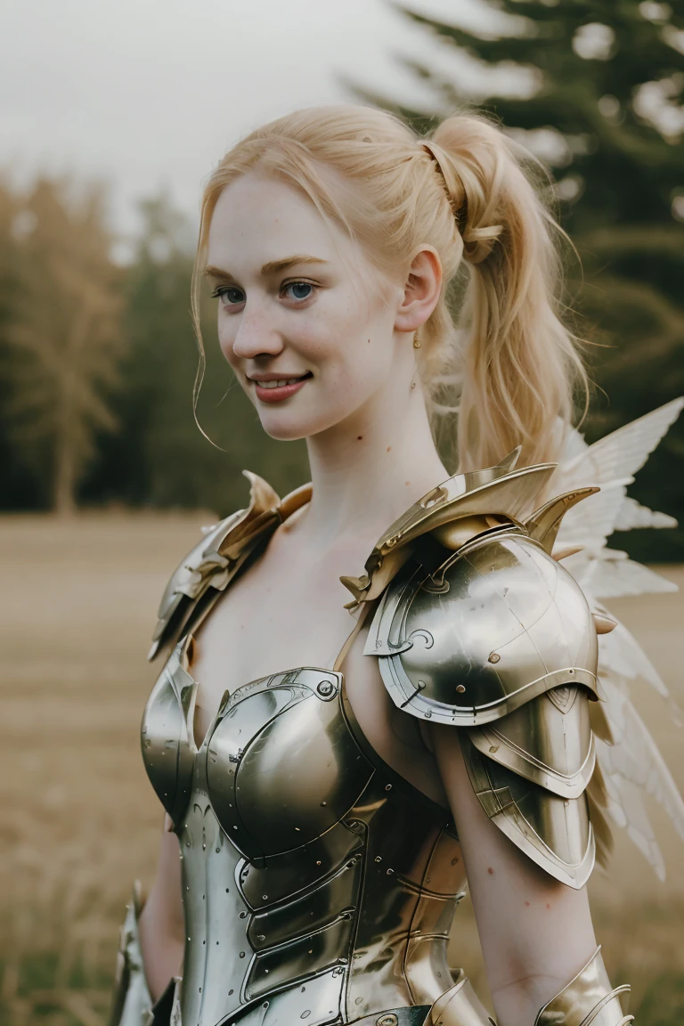 Ultra realistic photography of dbwl woman with many huge beauty marks on her natural pale white skin  ,    (medium shot:1.4) , (full body portrait:.2),
 (SFW),  (((wings, fractal armor))) , dressed, upper arms,   ((in frame)),

 ((fighting stance)),  natural (  pale light blonde eyelashes) , blue eyes, medieval background,
 detailed Natural pale white skin  with (many huge round beauty marks) , smile, light pale blonde eyebrows,
 happy, clean cheeks,
detailed, natural light blonde,  outdoors, sunny, high resolution, photograph, RAW photo, fr4ctal4rmor, ponytail hairstyle, [[[[sexy]]]]