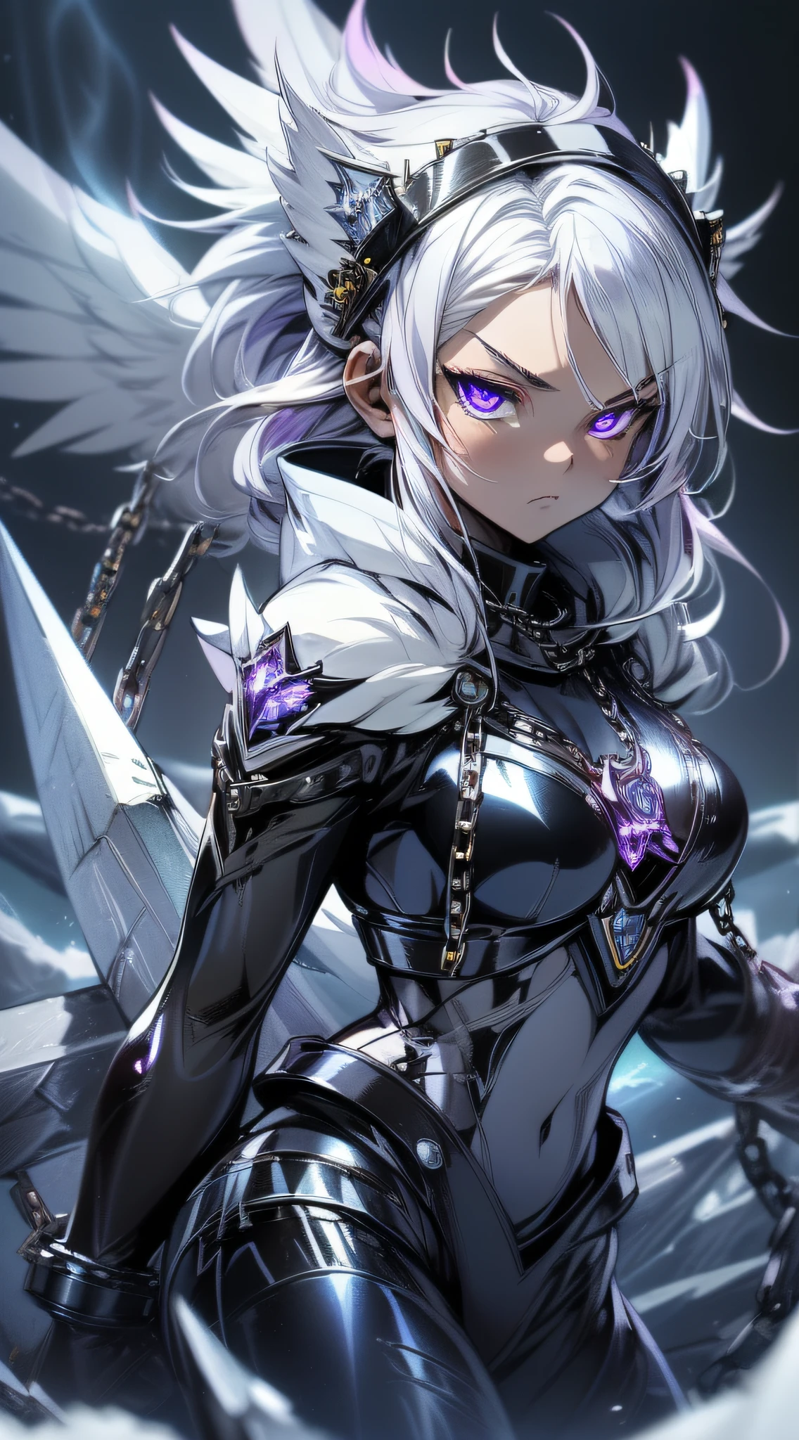 top-quality、Top image quality、​masterpiece、girl with((black shiny mechanic suit、18year old、teen ager、cute little、Best Bust、big bast,Beautiful shining purple eyes、Breasts wide open, white  hair、one white winged,Longhaire、A slender,Large valleys、belligerent movements,sharp claws、anchor chain、chain、chains、Beam Cannon、Have an ice sword、)),hiquality、Beautiful Art、Background with((natta、snow blowing、Oyuki、Yuki、ice tower、big ice house、White smoke)))、,masutepiece、depth of fields,Cinematic style