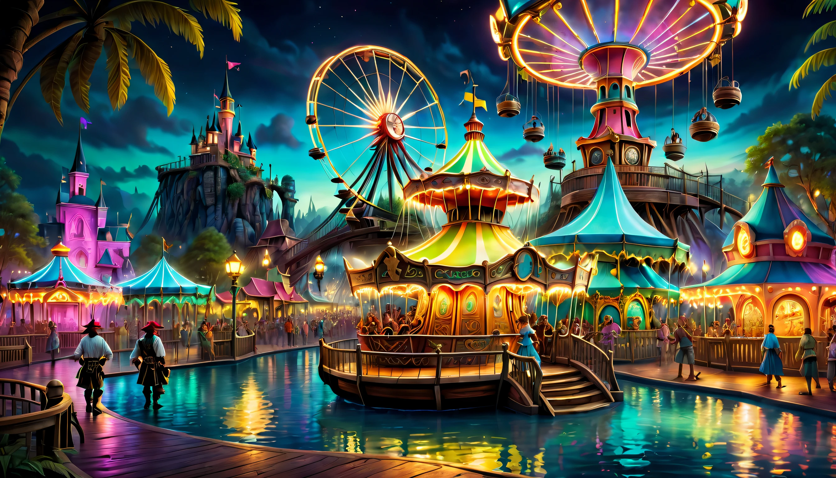 (Best quality at best, 8K, A high resolution, tmasterpiece:1.2), ultra - detailed, (actual, realistically, realistically:1.37), vibrant with colors, magical ambiance, Whimsical, ((disney pirate theme park, pirates of the caribbean，fountain and carousel, Lively Pirate Town Park, Beautiful fairytale neon colors, Medieval Fantasy Town Theme Park, Magical neon colors and atmosphere, concept art magical highlight, magical concept art, Fantasy style, Magical fantasy，The is very detailed, disney theme park, magical colors and atmosphere, An amusement park, roller coasters, pirate ships, bumper cars, Ferris wheel, waterpark)), Surreal, Psychedelic, Complicated details, Beautiful texture, Ethereal, like a dream, Soft glowing light, Charming Patterns, fantastical creature, Hidden surprises, dreamlike landscapes, Surreal color palette, Mystic aura, ultra-realistic realism, Enchanting journey, psychedelic trip, vivid imagination, immersive experience, mysterious creature, otherworldly charm, glowing paths, Light up the Magic Theme Park, surreal sky, Whimsical theme park, a magical encounter,Fascinating artwork