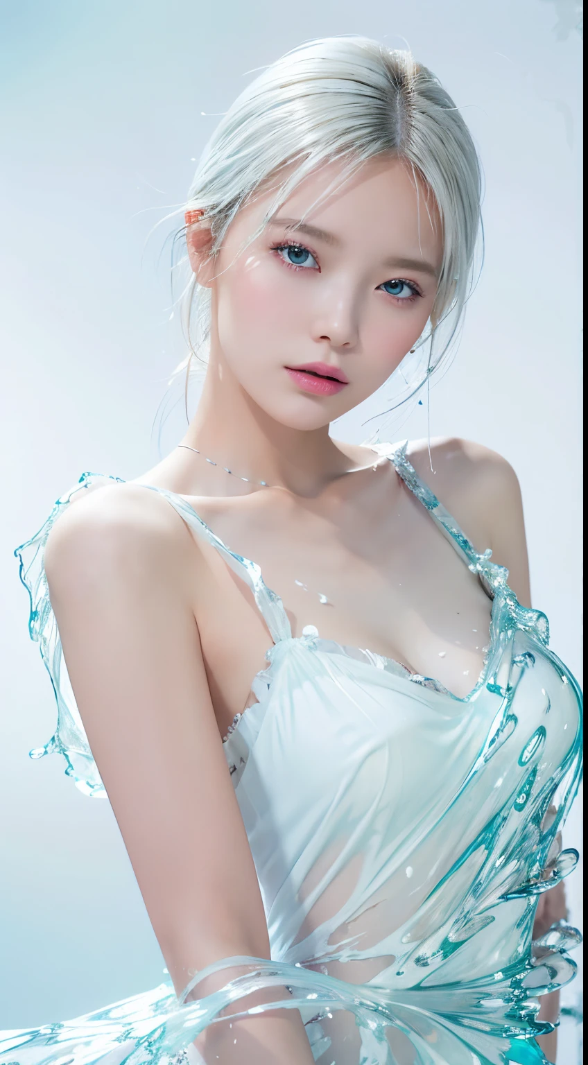 (masterpiece, best quality:1.2), 8k, 85mm, raw photo, absurdres, white and cyan theme, (liquid clothes, liquid dress:1.4), white hair, gradient dress, delicate girl, upper body, close up face, shiny skin, teen, looking at viewer, HDR, sharp focus, particle, twilight sky, detailed eyes and face, white background, simple background