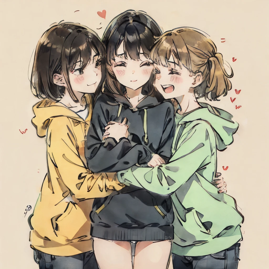 3 filles s&#39;embrassant portant un sweat à capuche
