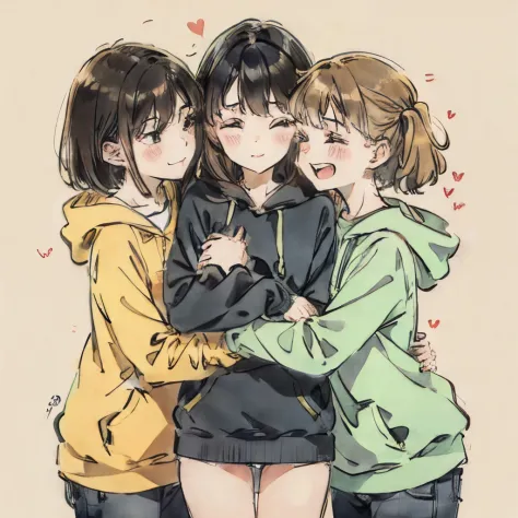 3 girls hugging each other wearing hoodie