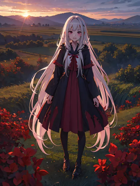 Anime girl, vampire, teeth, standing in the field, very long hairs, perfect body, 4k, ultra hight quality, Village in backgraund, clasick clothes,