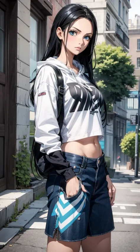 Masterpiece, 1girl, Superb Style, Urban Streetwear chothes, Outdoor, Upper Body, nico robin, blue eyes, long black  hair, cool g...