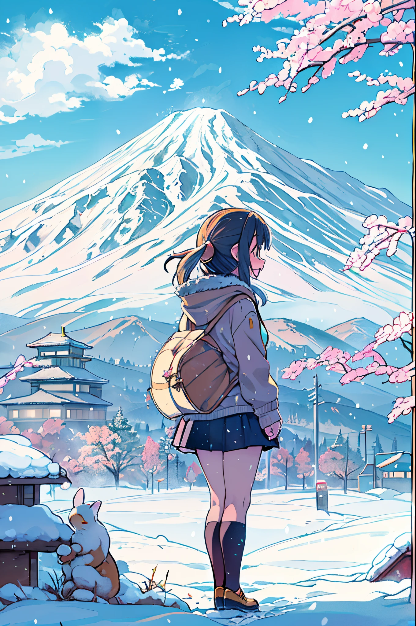 mesa、Personaje de anime parado en la nieve con montañas al fondo, al estilo de la animación de Kyoto, animación de kyoto todavía, chicas anime, animación de kioto, dos hermosas chicas anime, a-1 fotografías, chicas de instituto, Feliz!!!, Visual clave de animación de Kioto., lindo:2, de dos colas, fondo de la película de anime,