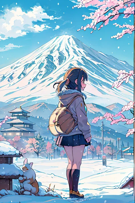 masutepiece、Anime character standing in the snow with mountains in the background, in style of kyoto animation, kyoto animation ...