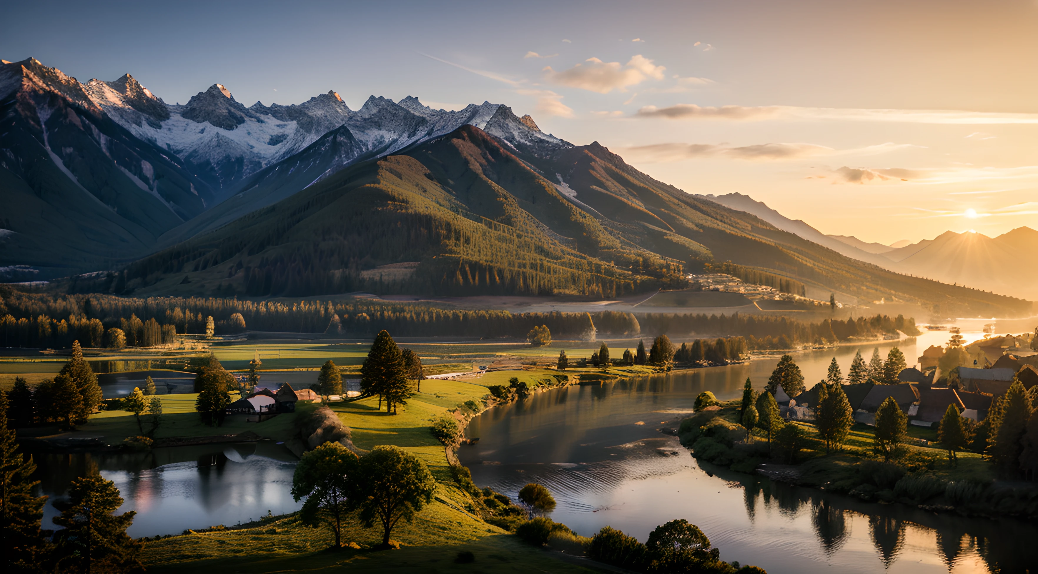 montagnes au loin, lever du soleil, des arbres, rivière