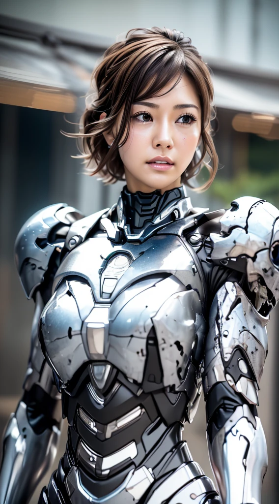 ((Dos mujeres de mediana edad))piel texturizada, Súper detalle, detalles altos, alta calidad, mejor calidad, alta resolución, 1080p, , (recostado sobre)Hermoso,(Maquina de guerra),hermosa mujer cyborg,Chica cyborg mecha,()((Armadura muy dañada)),Una mujer con un cuerpo mecánico femenino、cara gentil　A dark-haired,Toma de cuerpo entero)、、cara muy sudorosa、expresión atontada、mirando hacia atrás、agachado　de pelo corto