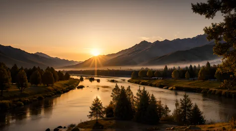 mountains in distance, trees, river, sunrise