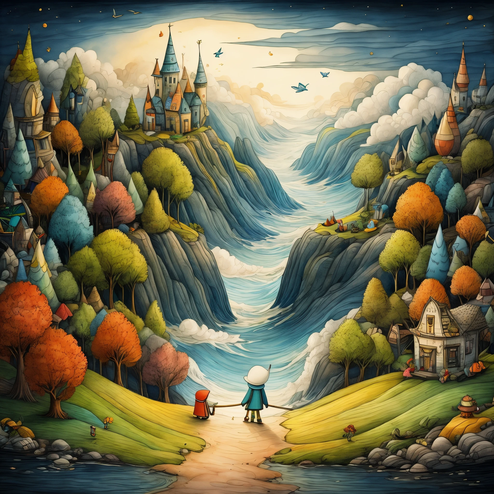 This picture represents the moment when the main character steps into the mysterious world of clouds. A character with a facial expression that conveys excitement and surprise.

The painting depicts a part of a fairyland to express the atmosphere of that world. Flying fish, mysterious buildings, and colorful landscapes are impressive.

You can incorporate elements that convey the excitement of adventure. For example, a treasure in a character's hand or a scene with a strange tool.

To create visual enjoyment for children, use bright and festive colors. Eye-catching colors are important.

Combine the main character and fairyland elements in a well-balanced manner.