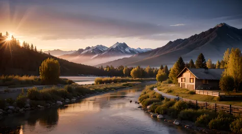 mountains in distance, trees, river, sunrise