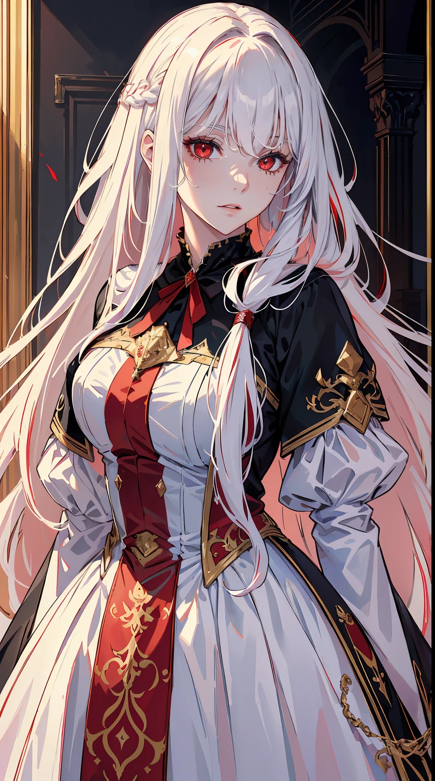 handsome girl，red-eyes，red pupils，Long white hair，Hyperresolution，accuracy，Detailed rendering，（Subtle facial image）（Image of fine hair）（topquality）（Masterpieces of masters）（High degree of completeness）（A sense of atmosphere）tmasterpiece，Super detailed and super detailed（half-body portrait）dressed in a wedding dress