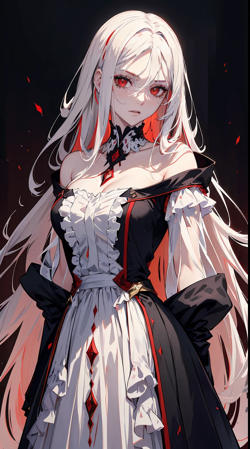 handsome girl，red-eyes，red pupils，Long white hair，Hyperresolution，accuracy，Detailed rendering，（Subtle facial image）（Image of fine hair）（topquality）（Masterpieces of masters）（High degree of completeness）（A sense of atmosphere）tmasterpiece，Super detailed and super detailed（half-body portrait）wearing a black velvet dress