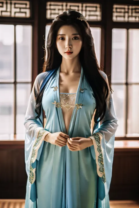 (masterpiece), (best quality), 1girl, perfect body, sexy, photography, long curvy hair, Hanfu, opened clothes