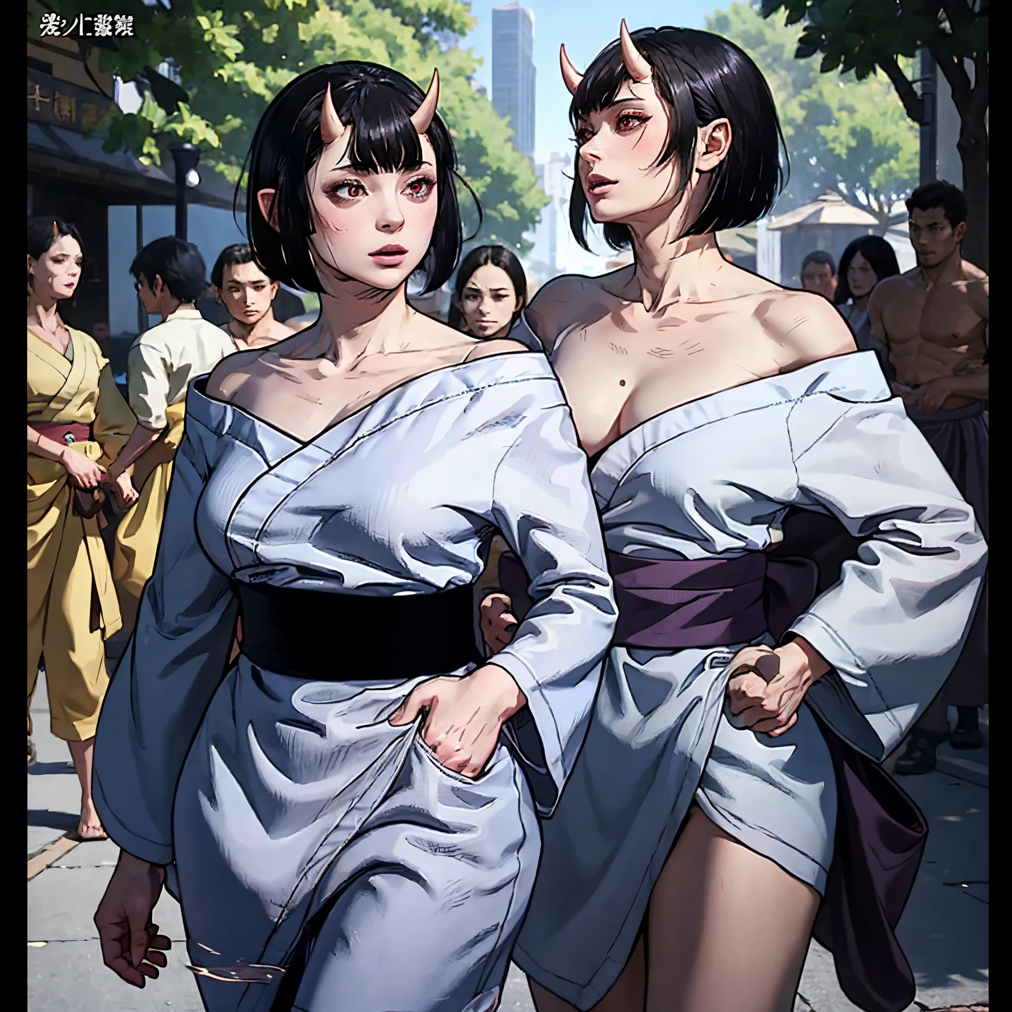 Masterpiece , highlydetailed, Hyperrealistic, fullbodyshot of Haryuu ,oni girl, 1girl, short black hair, red eyes,oni horns, kimono off shoulder showingclivage, standing, facing viewer, perfect hands, good hands, hand on hip,perfect face features , perfect thick, curvy and muscular body shape