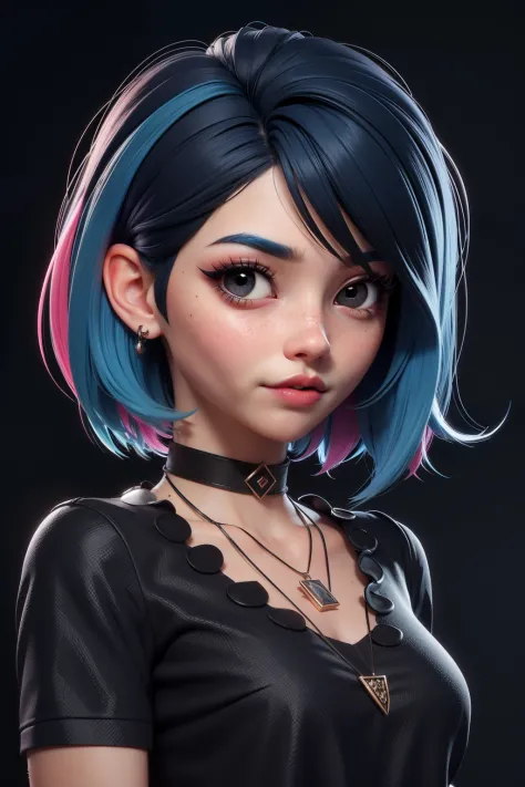 masterpiece, best quality,3d rending work ,3DMM style,close-up,portrait, 3D,1girl, solo, multicolored hair, blue hair, black hair, necklace, freckles, jewelry, two-tone hair, looking to the side, realistic, upper body, simple background, bangs, looking awa...