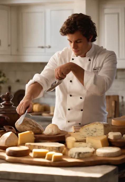 A photo of Carmy carefully arranging a selection of artisanal cheeses on a wooden cheese board,The Bear,Carmen “Carmy” Berzatto, portrayed by actor Jeremy Allen White, is a young chef with a lean and agile build, reflecting his bustling energy in the kitch...