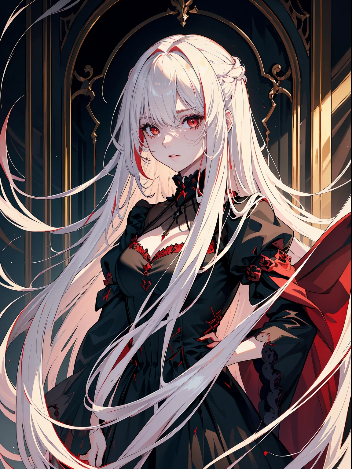 handsome girl，red-eyes，red pupils，Long white hair，Hyperresolution，accuracy，Detailed rendering，（Subtle facial image）（Image of fine hair）（topquality）（Masterpieces of masters）（High degree of completeness）（A sense of atmosphere）tmasterpiece，Super detailed and super detailed（half-body portrait）in a black velvet dress