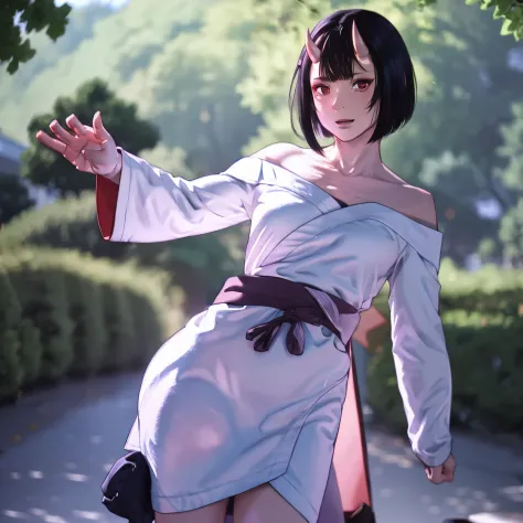 Masterpiece , highlydetailed, Hyperrealistic, fullbodyshot of Haryuu ,oni girl, 1girl, short black hair, red eyes,oni horns, kimono off shoulder showingclivage, standing, facing viewer, perfect hands, good hands, hand on hip,perfect face features , perfect...