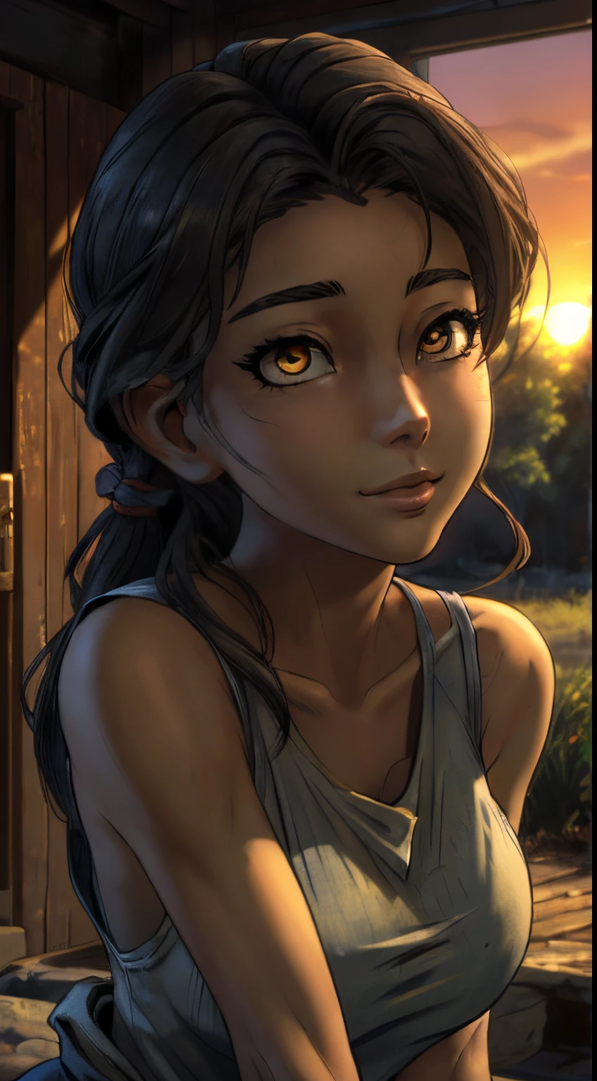 ((ultra quality)), ((tmasterpiece)), Clementine from the walking dead, ((Black, hairlong)) (Beautiful cute face), (beautiful female lips), Charming, ((aroused expression)), looks at the camera with a gentle smile, eyes are slightly closed, (skin color dark), Body glare, ((detailed beautiful female eyes)), ((dark yellow eyes)), (juicy female lips), (beautiful female hands), ((perfect female figure)), perfect female body, Beautiful waist, gorgeous big thighs, beautiful breasts, ((Subtle and beautiful)), stands, (close-up of the face), (wearing blue jeans, gray sleeveless tank) background: country house, backyard, evening, Beautiful sunset, ((Depth of field)), ((high quality clear image)), (crisp details), ((higly detailed)), Realistic, Professional Photo Session, ((Clear Focus)), the anime