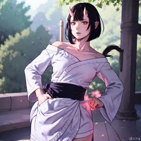 Masterpiece , highlydetailed, Hyperrealistic, fullbodyshot of Haryuu ,oni girl, 1girl, short black hair, red eyes,oni horns, kimono off shoulder showingclivage, standing, facing viewer, perfect hands, good hands, hand on hip,perfect face features , perfect...
