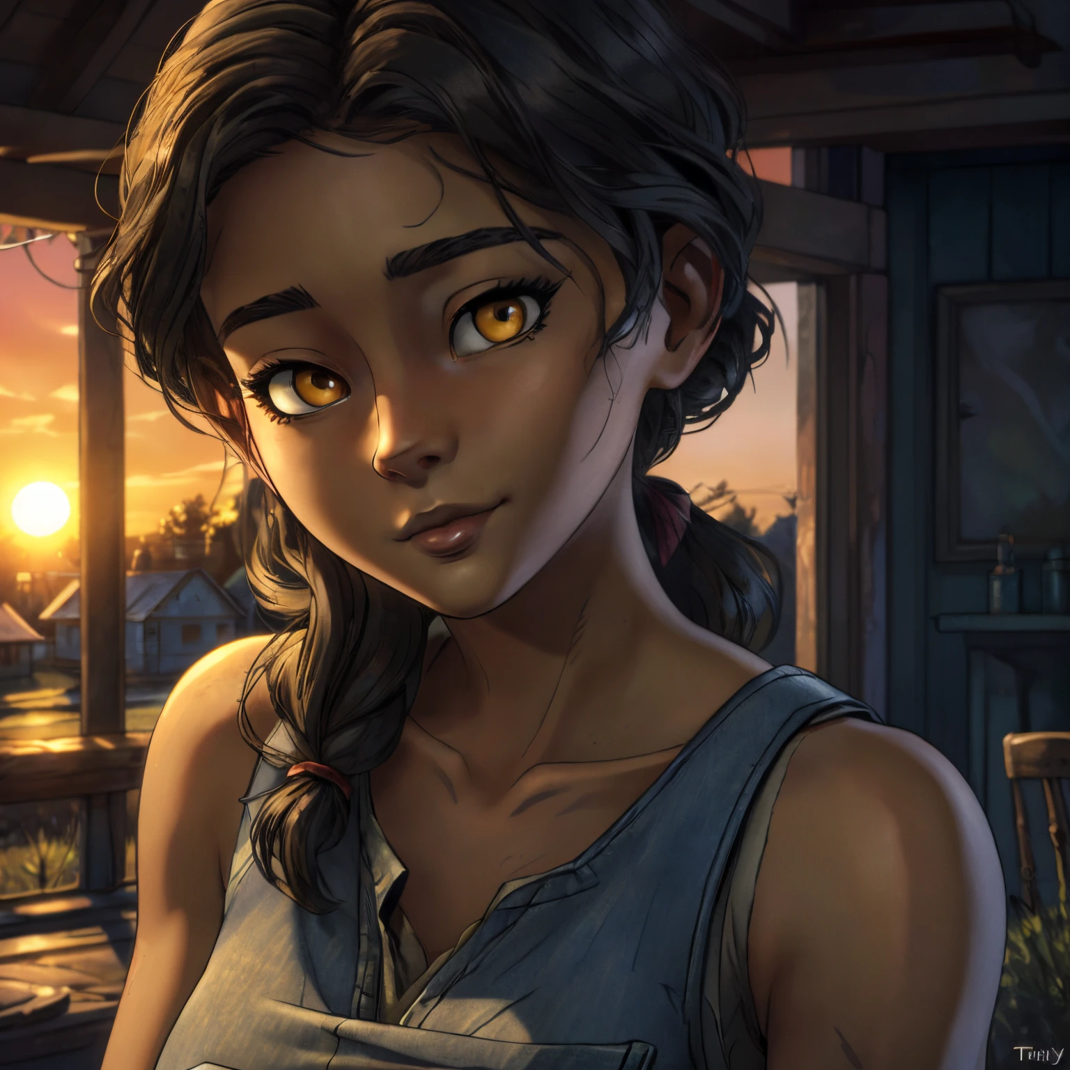 ((ultra quality)), ((tmasterpiece)), Clementine from the walking dead, ((Black, hairlong)) (Beautiful cute face), (beautiful female lips), Charming, ((aroused expression)), looks at the camera with a gentle smile, eyes are slightly closed, (skin color dark), Body glare, ((detailed beautiful female eyes)), ((dark yellow eyes)), (juicy female lips), (beautiful female hands), ((perfect female figure)), perfect female body, Beautiful waist, gorgeous big thighs, beautiful breasts, ((Subtle and beautiful)), stands, (close-up of the face), (wearing blue jeans, gray sleeveless tank) background: country house, backyard, evening, Beautiful sunset, ((Depth of field)), ((high quality clear image)), (crisp details), ((higly detailed)), Realistic, Professional Photo Session, ((Clear Focus)), the anime