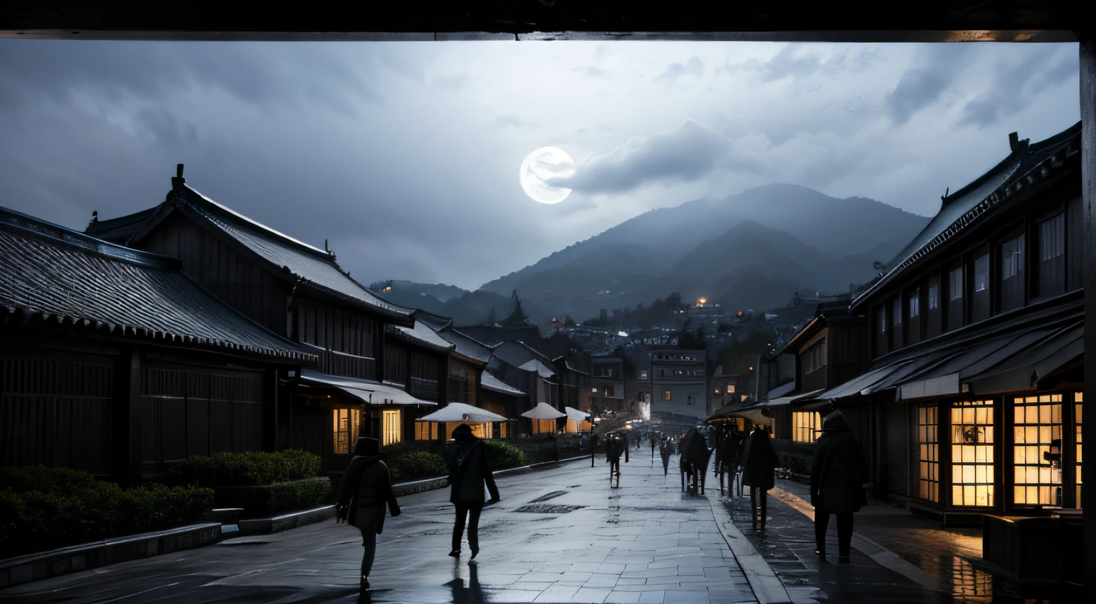 corea medieval en la noche, lámparas, gente caminando, cielo nublado. Luna llena, no lo sé(no lo sé), niebla ligera, estado de ánimo deprimido, blanco y negro, valiente